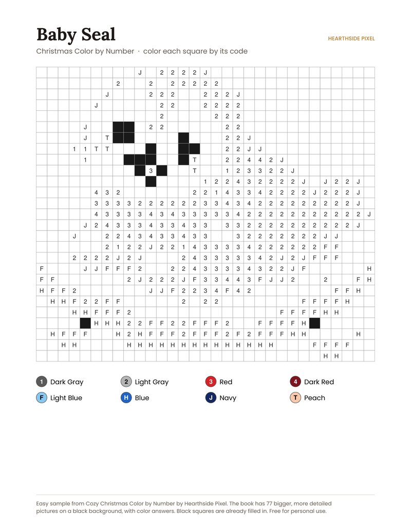 Baby Seal color by number printable page with numbered grid and color key