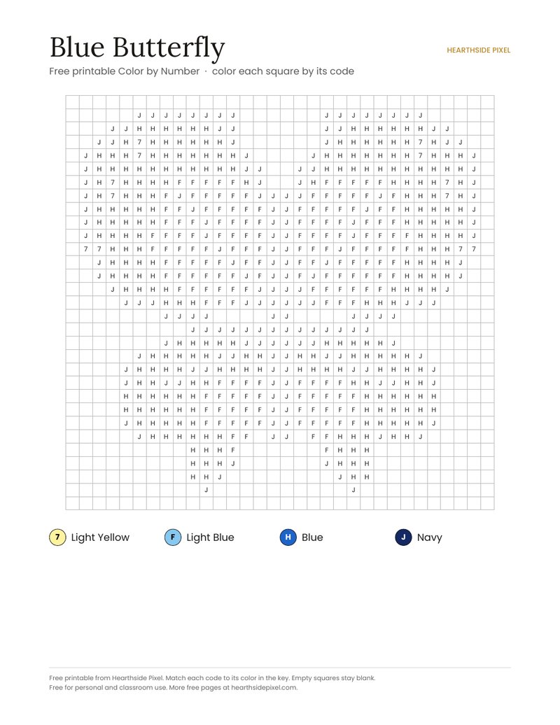 Blue Butterfly color by number printable page with numbered grid and color key