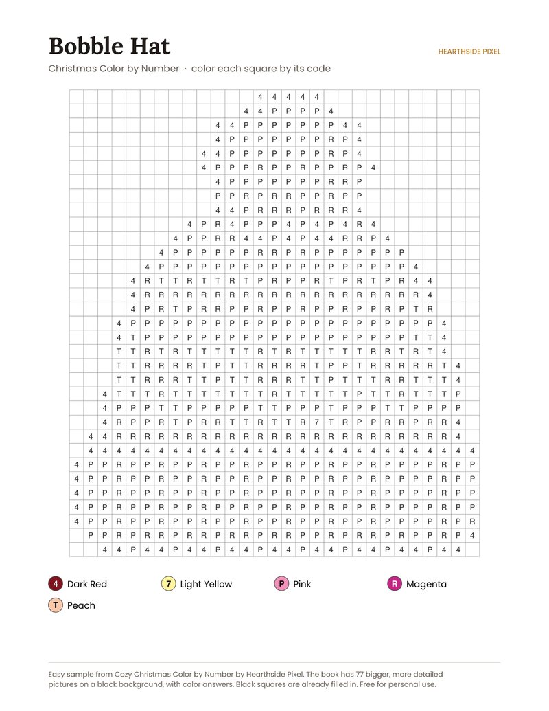 Bobble Hat color by number printable page with numbered grid and color key