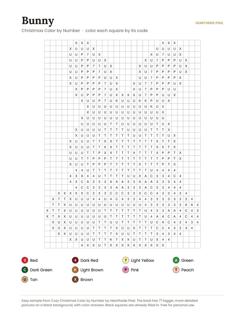 Bunny color by number printable page with numbered grid and color key