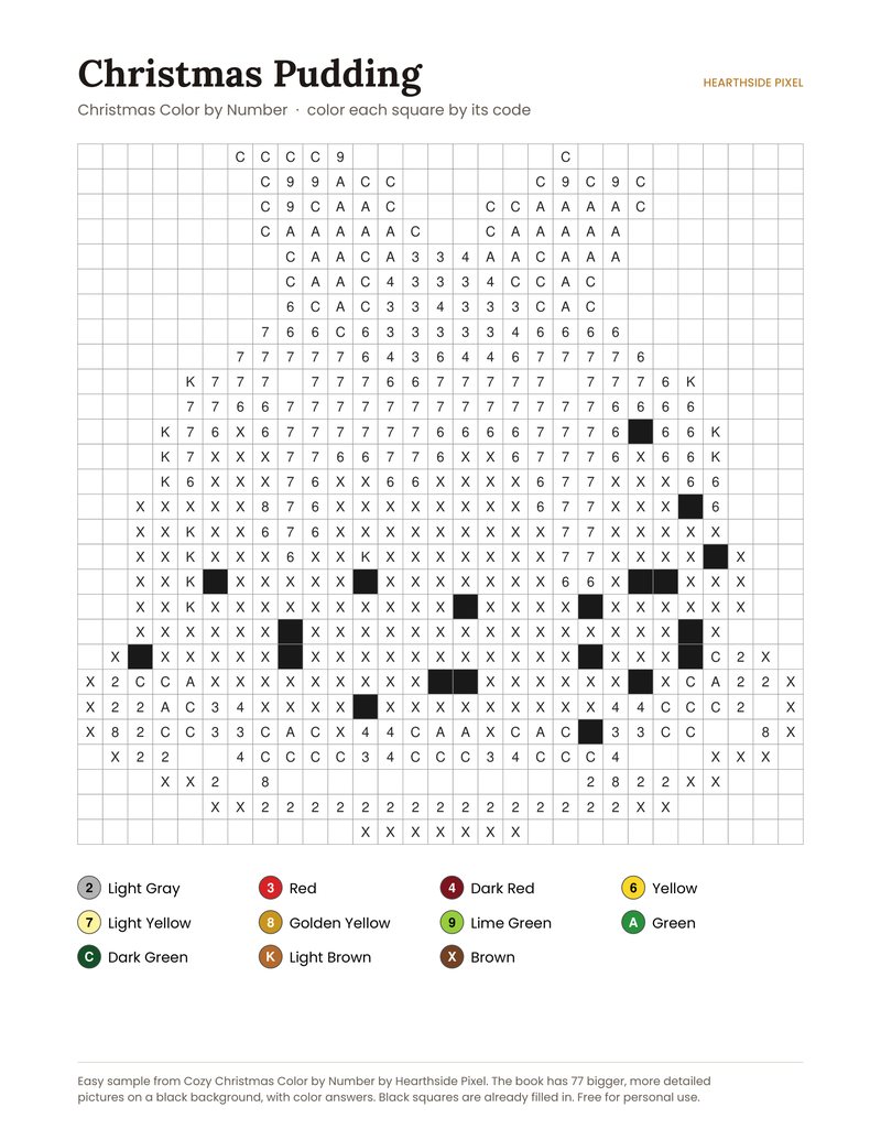 Christmas Pudding color by number printable page with numbered grid and color key