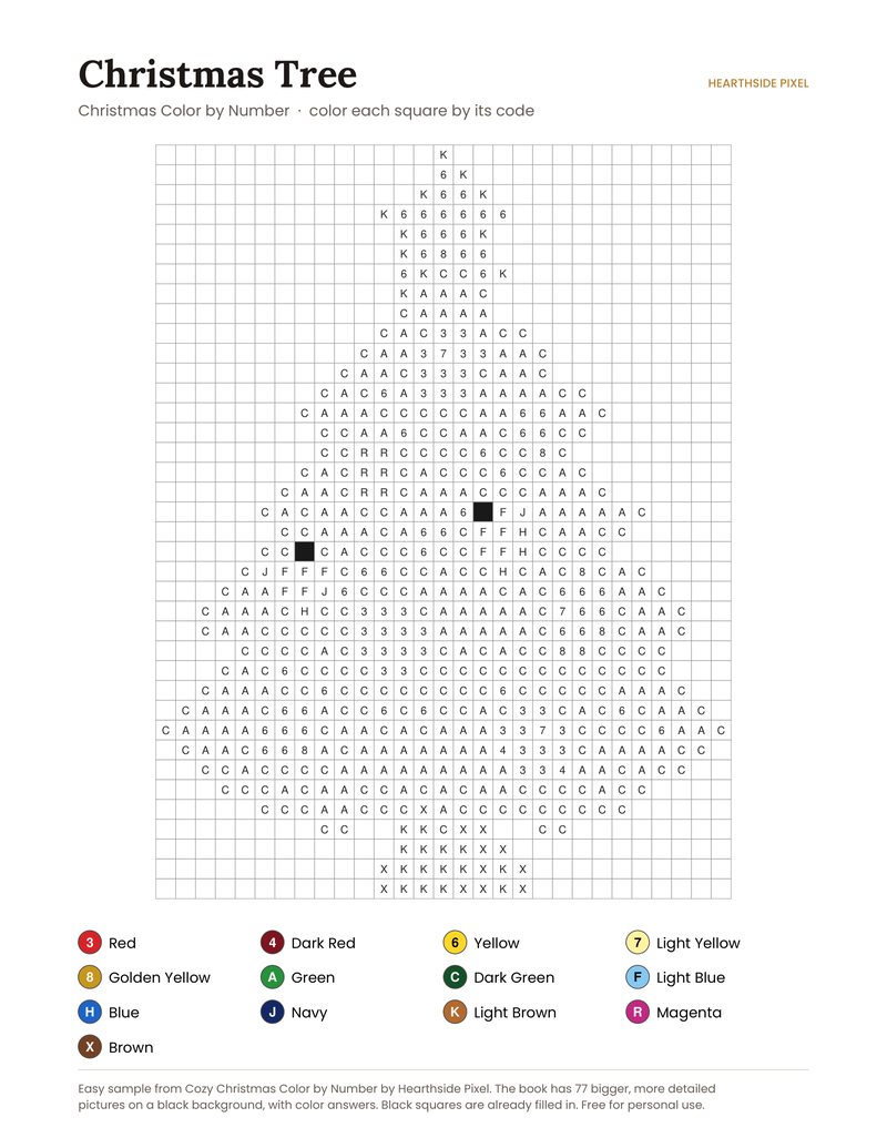 Christmas Tree color by number printable page with numbered grid and color key