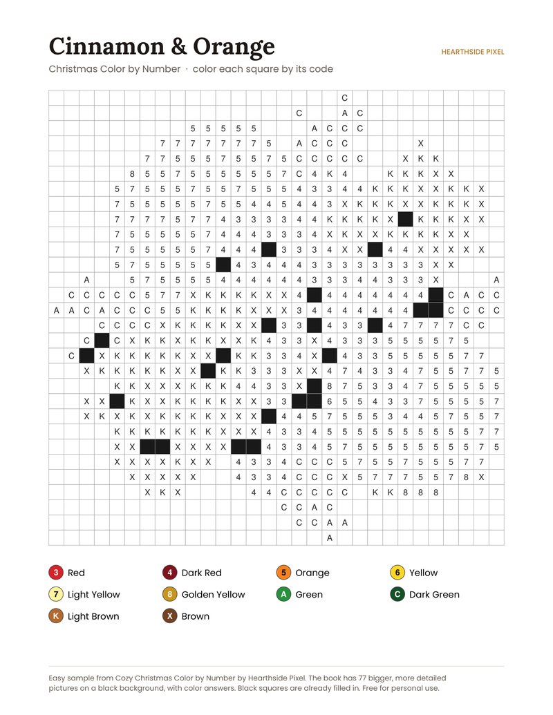 Cinnamon & Orange color by number printable page with numbered grid and color key