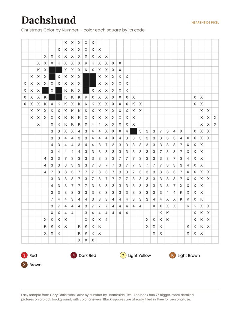 Dachshund color by number printable page with numbered grid and color key