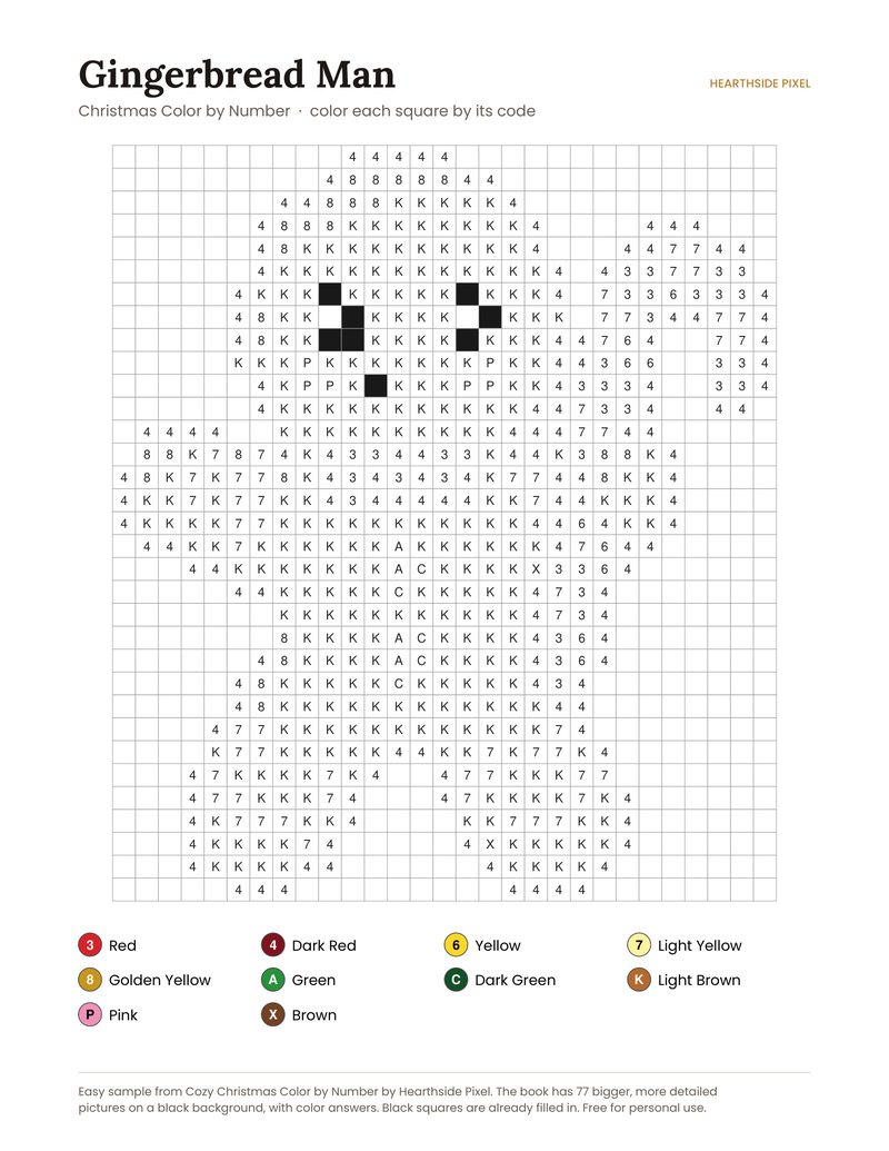 Gingerbread Man color by number printable page with numbered grid and color key