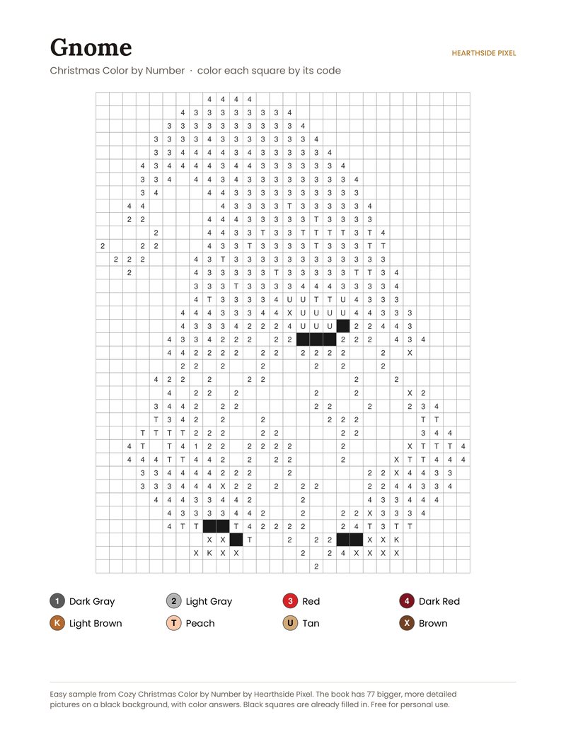 Gnome color by number printable page with numbered grid and color key