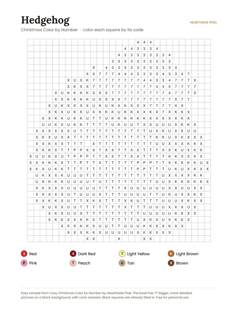 Hedgehog color by number printable page with numbered grid and color key