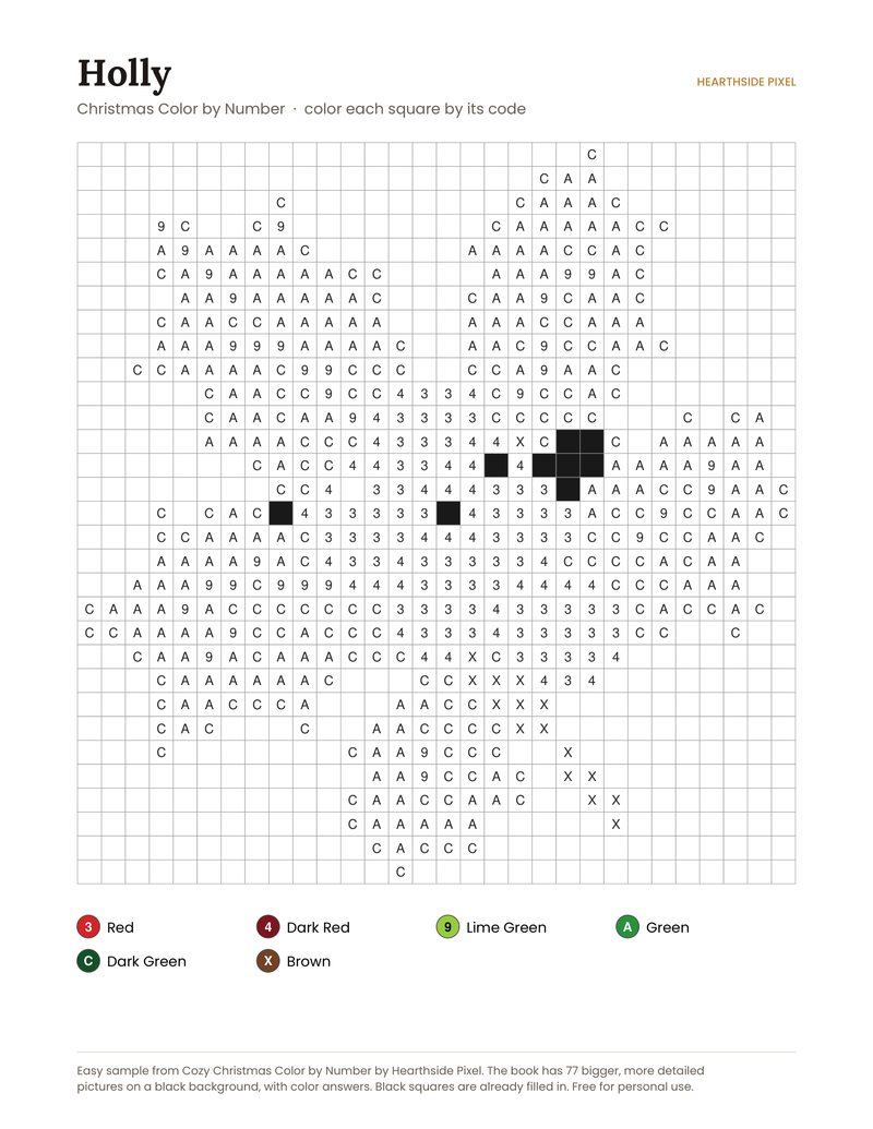 Holly color by number printable page with numbered grid and color key