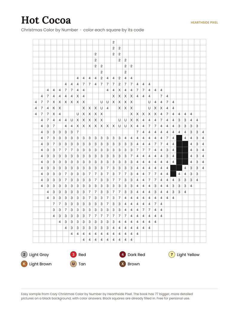 Hot Cocoa color by number printable page with numbered grid and color key