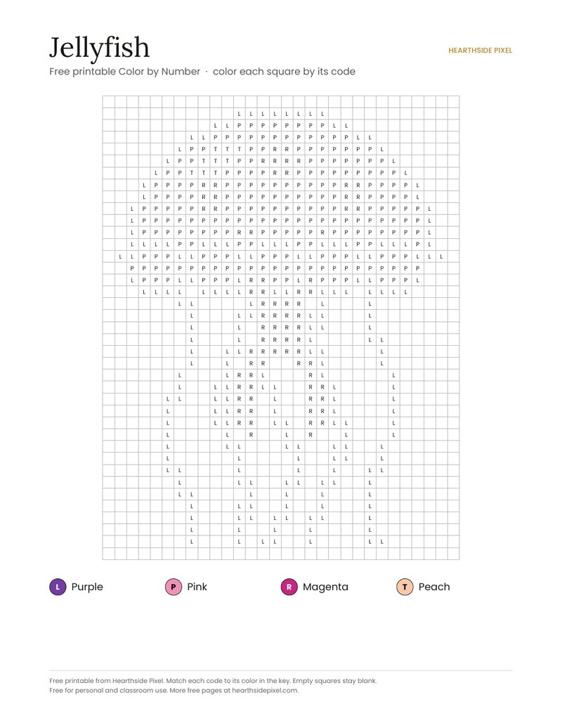 Jellyfish color by number printable page with numbered grid and color key