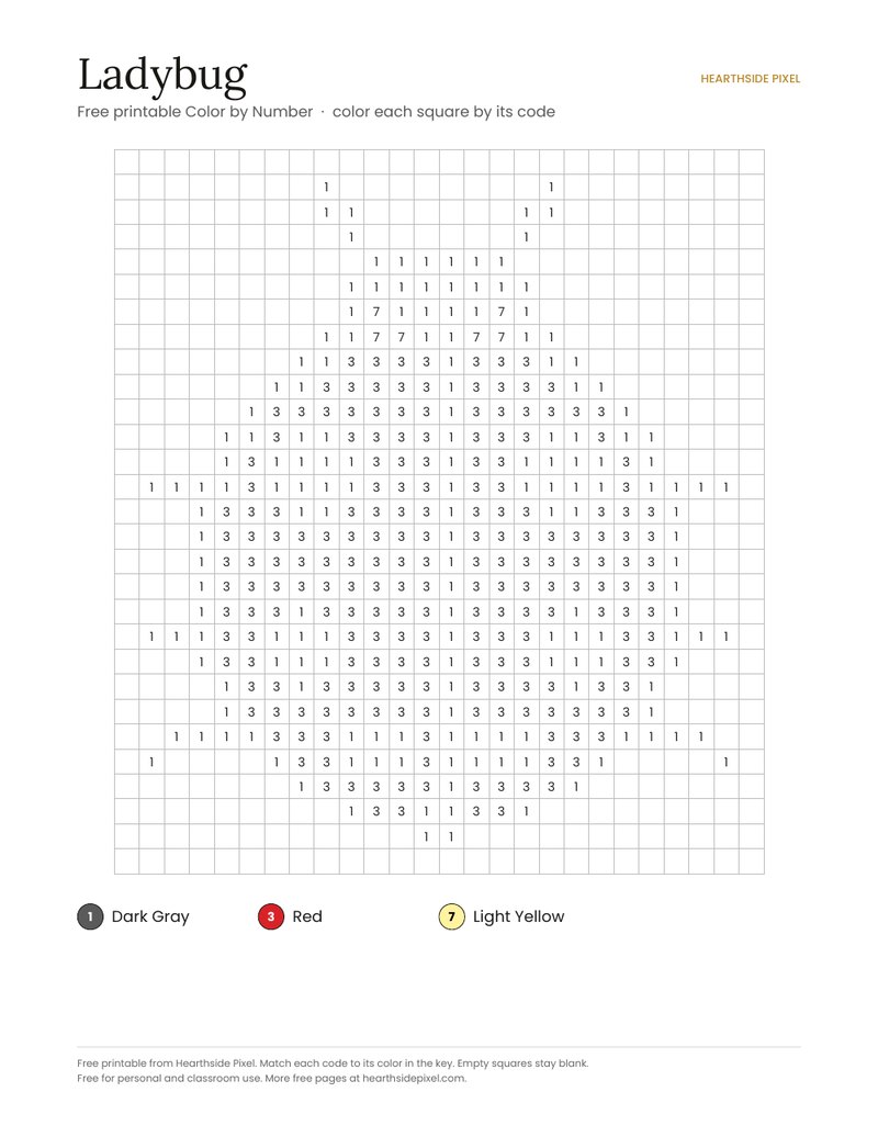 Ladybug color by number printable page with numbered grid and color key