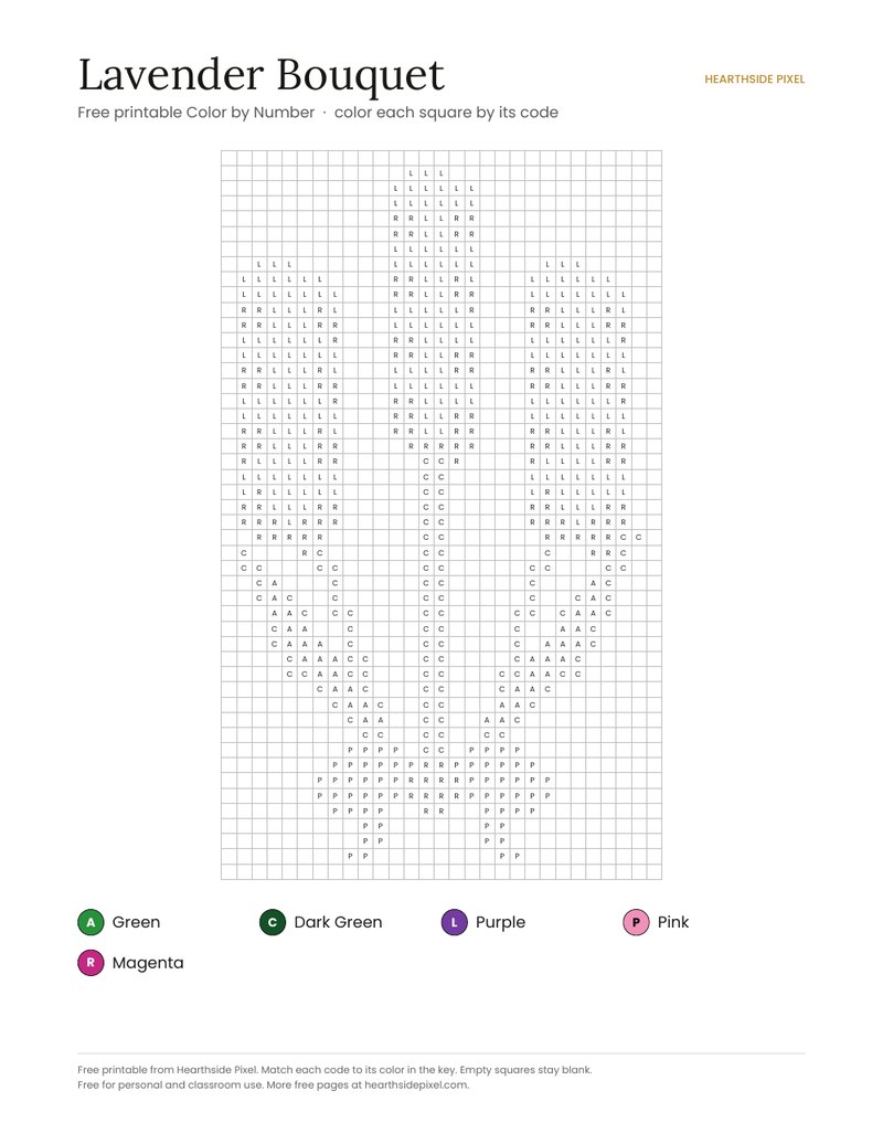 Lavender Bouquet color by number printable page with numbered grid and color key