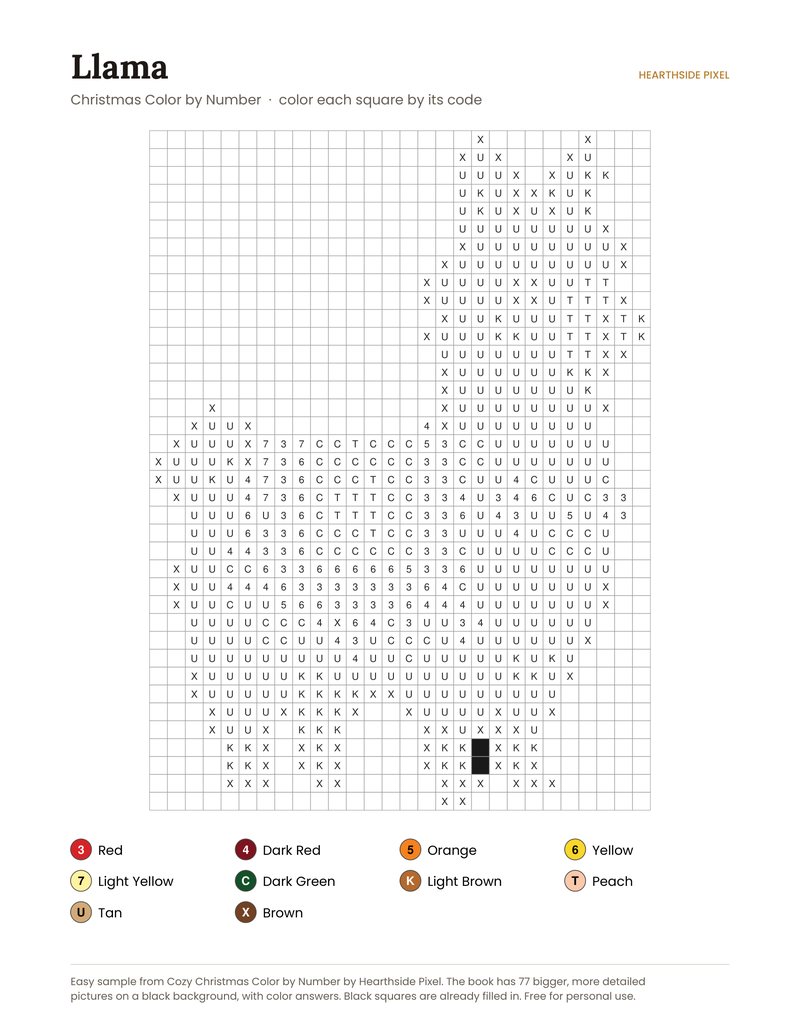 Llama color by number printable page with numbered grid and color key