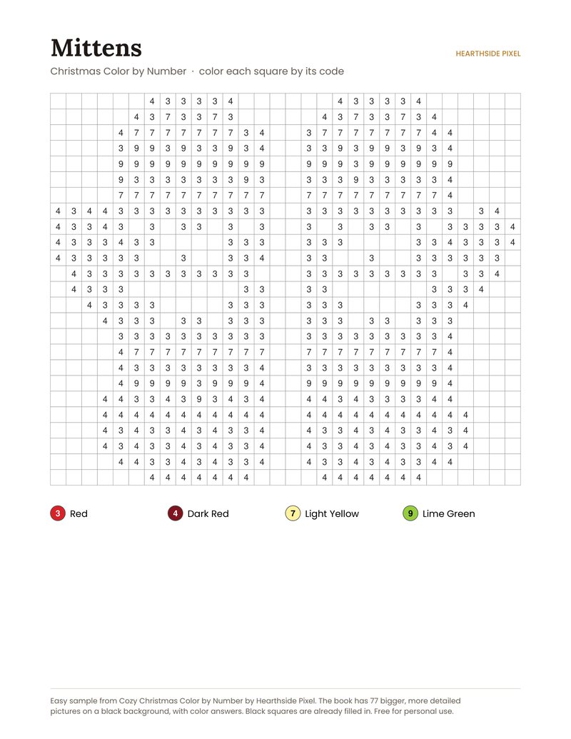 Mittens color by number printable page with numbered grid and color key