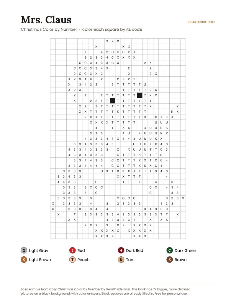 Mrs. Claus color by number printable page with numbered grid and color key