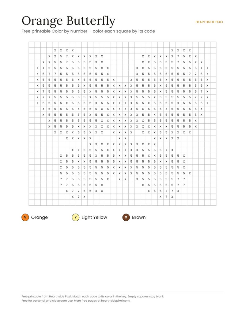 Orange Butterfly color by number printable page with numbered grid and color key