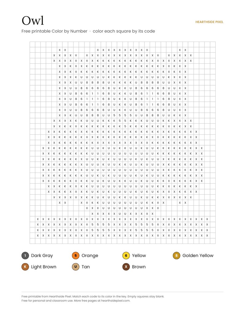 Owl color by number printable page with numbered grid and color key