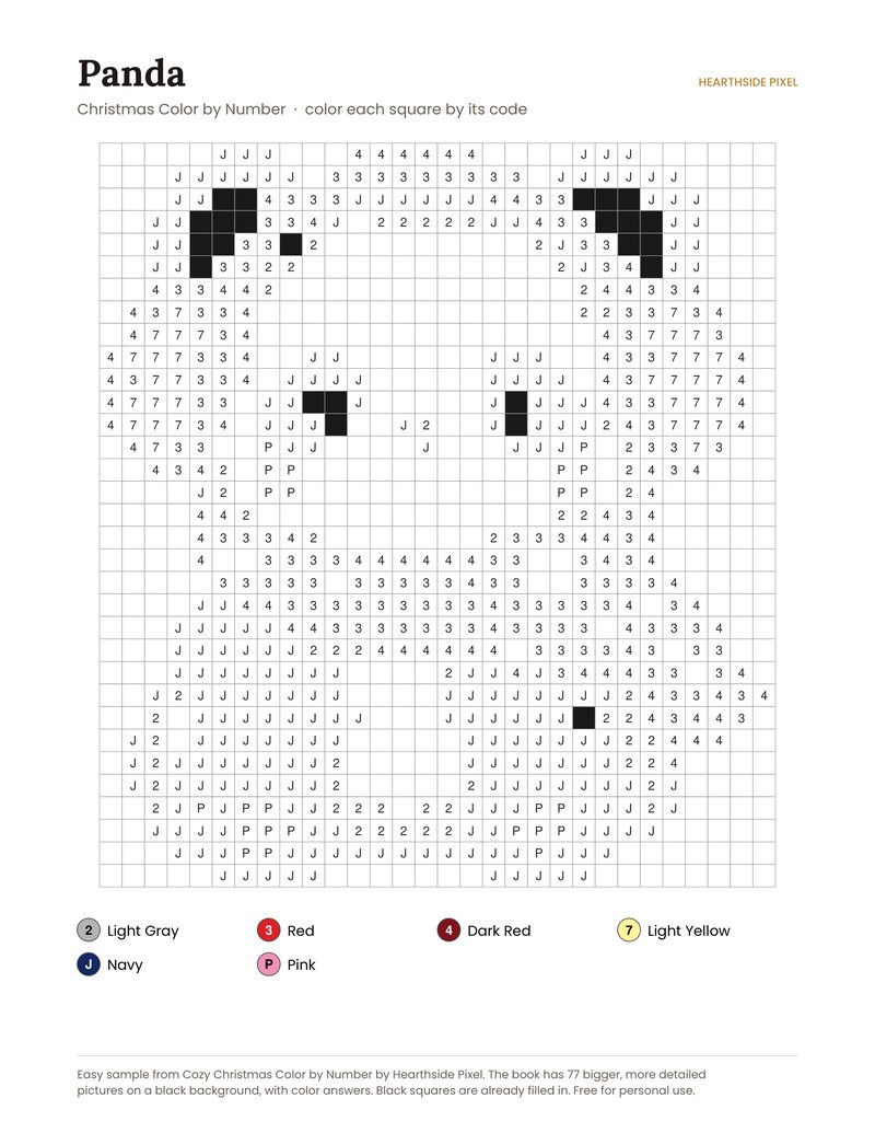 Panda color by number printable page with numbered grid and color key