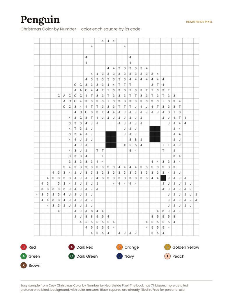 Penguin color by number printable page with numbered grid and color key
