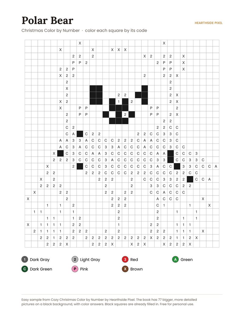 Polar Bear color by number printable page with numbered grid and color key