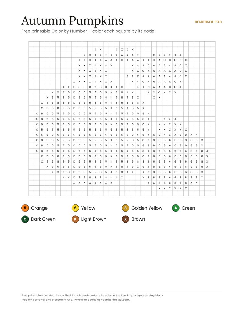 Autumn Pumpkins color by number printable page with numbered grid and color key