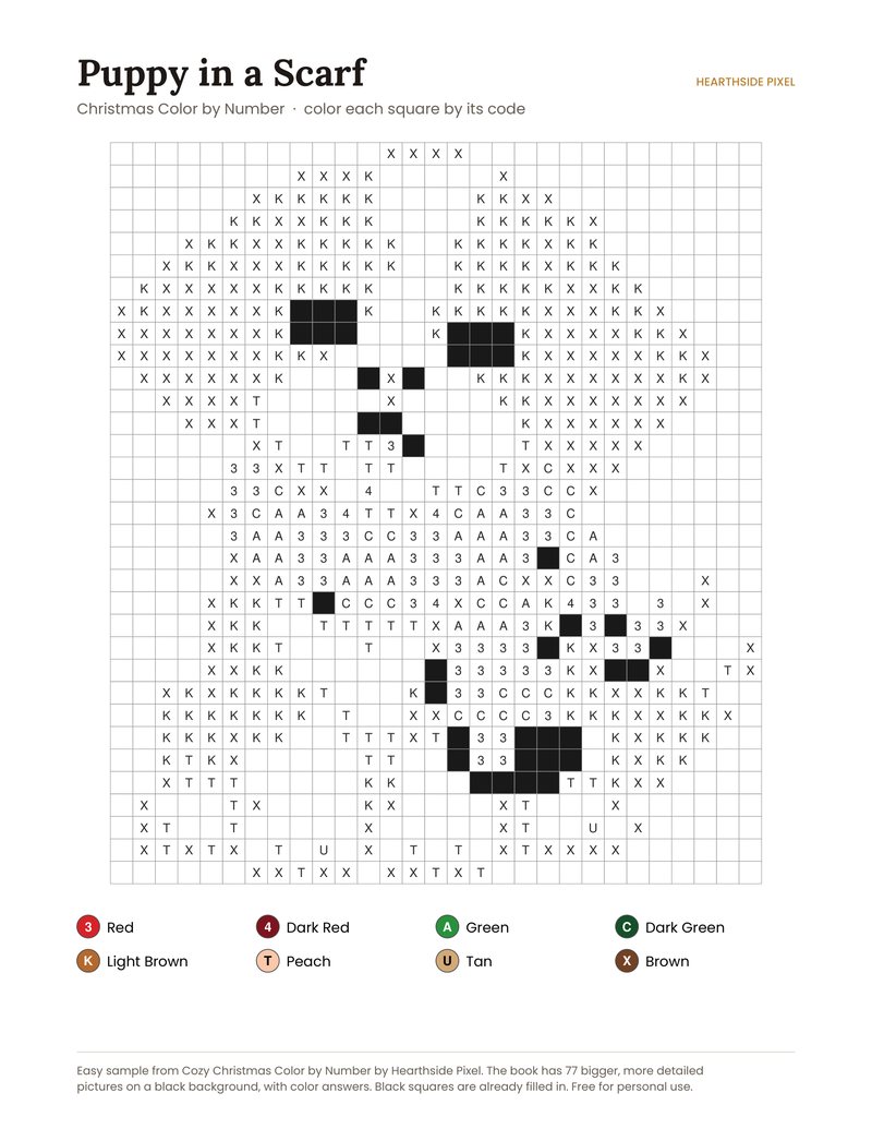 Puppy in a Scarf color by number printable page with numbered grid and color key