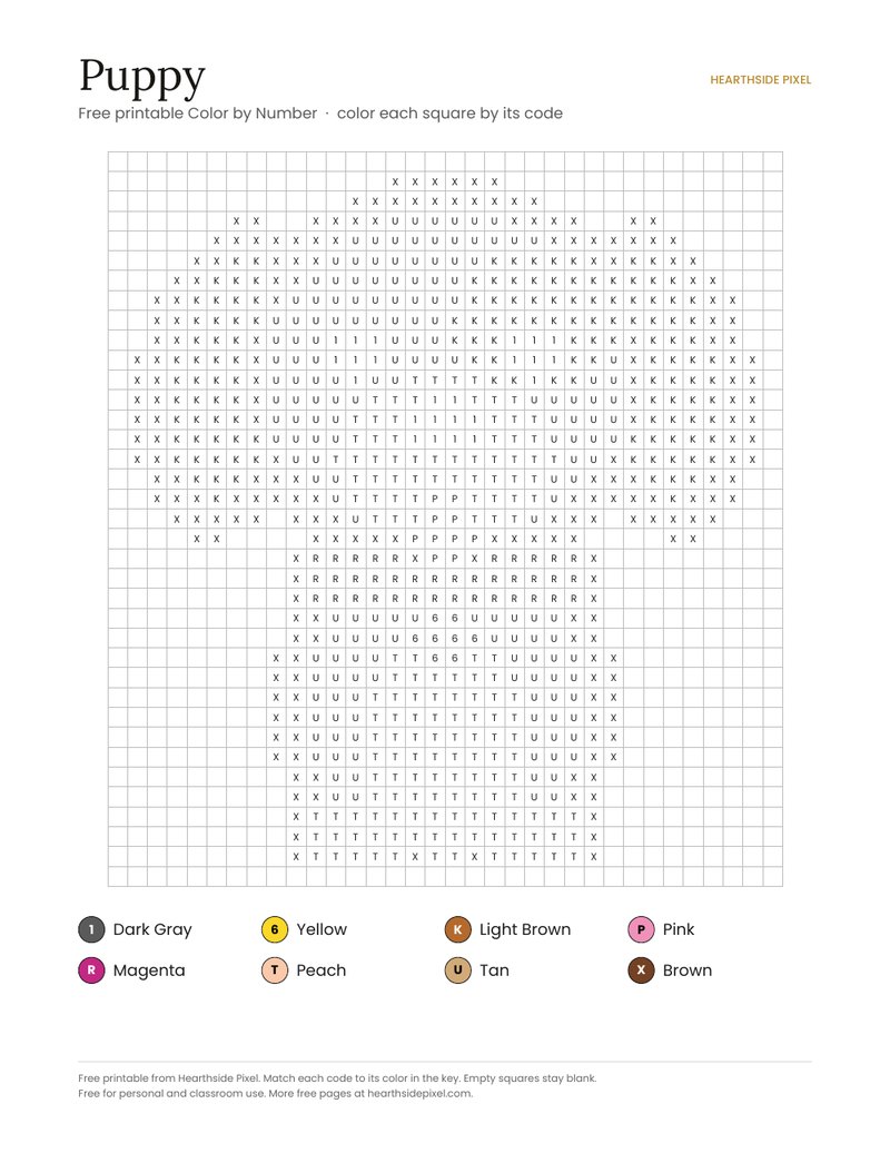 Puppy color by number printable page with numbered grid and color key