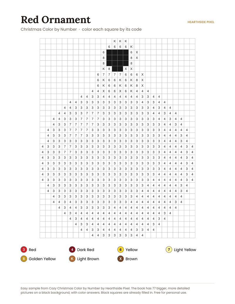 Red Ornament color by number printable page with numbered grid and color key
