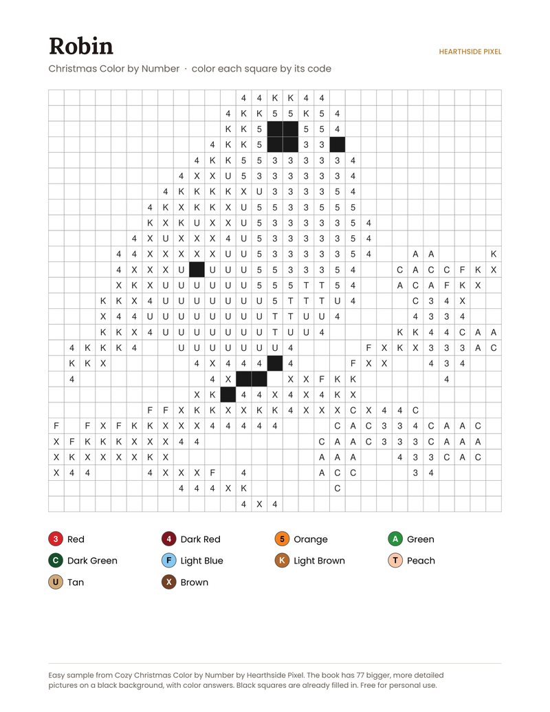 Robin color by number printable page with numbered grid and color key