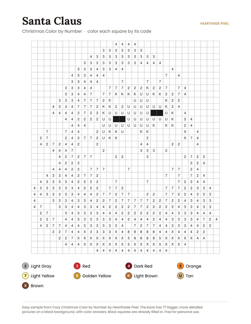 Santa Claus color by number printable page with numbered grid and color key