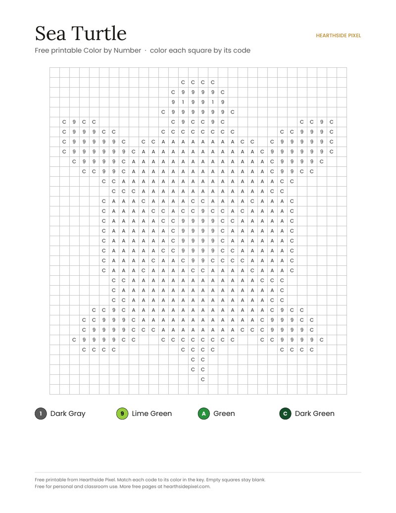 Sea Turtle color by number printable page with numbered grid and color key