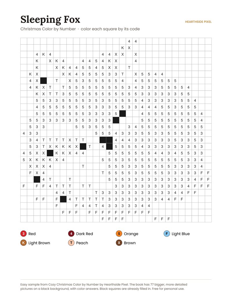 Sleeping Fox color by number printable page with numbered grid and color key