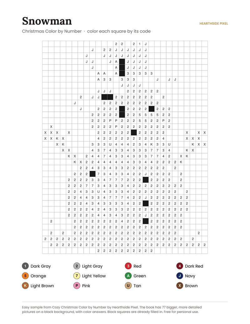 Snowman color by number printable page with numbered grid and color key