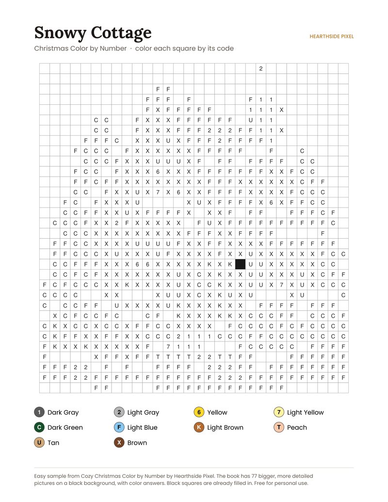 Snowy Cottage color by number printable page with numbered grid and color key