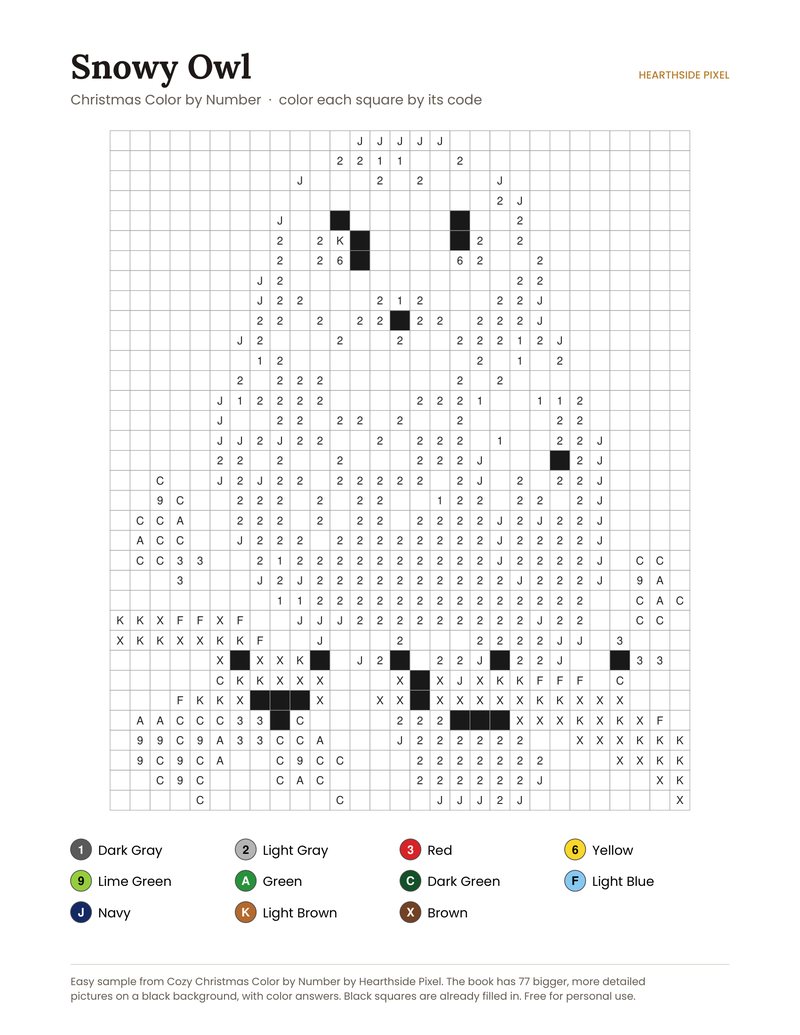 Snowy Owl color by number printable page with numbered grid and color key