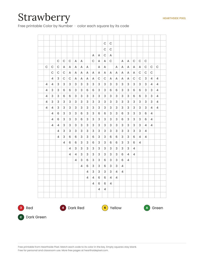 Strawberry color by number printable page with numbered grid and color key