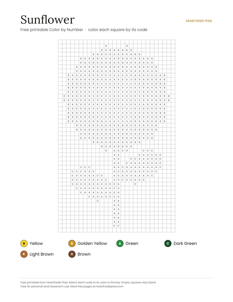 Sunflower color by number printable page with numbered grid and color key