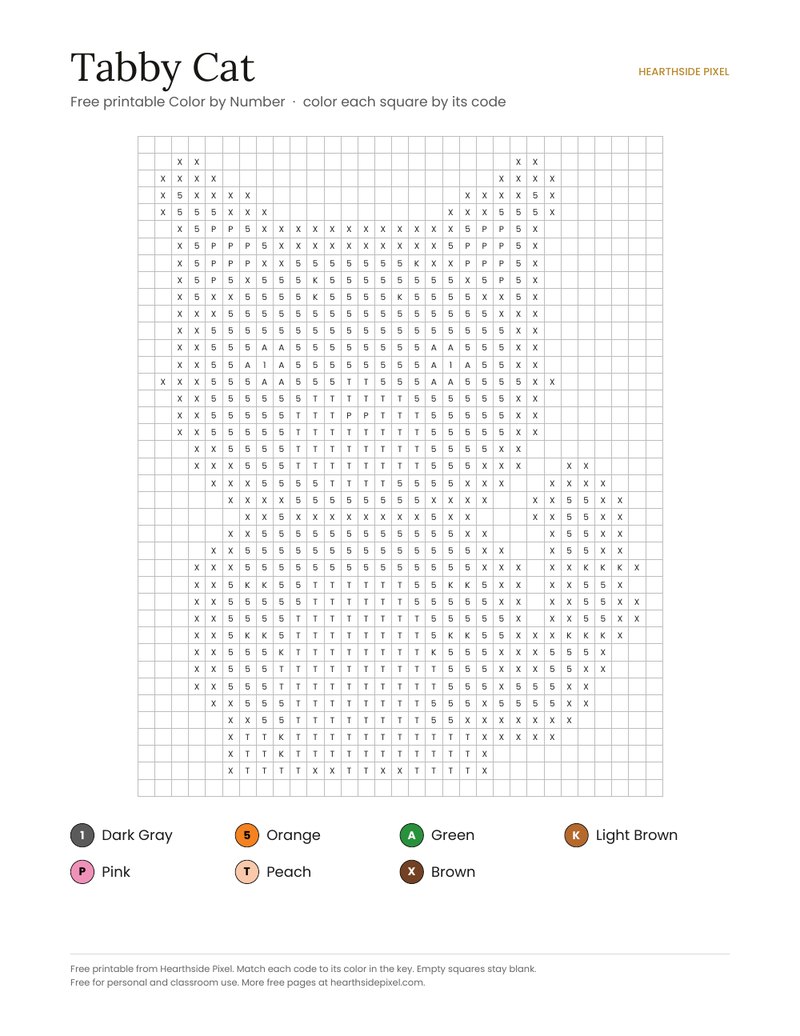 Tabby Cat color by number printable page with numbered grid and color key