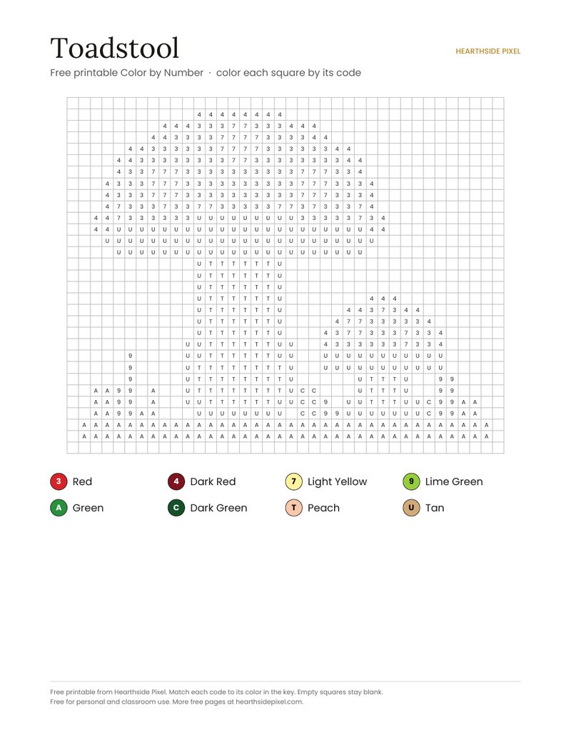 Toadstool color by number printable page with numbered grid and color key