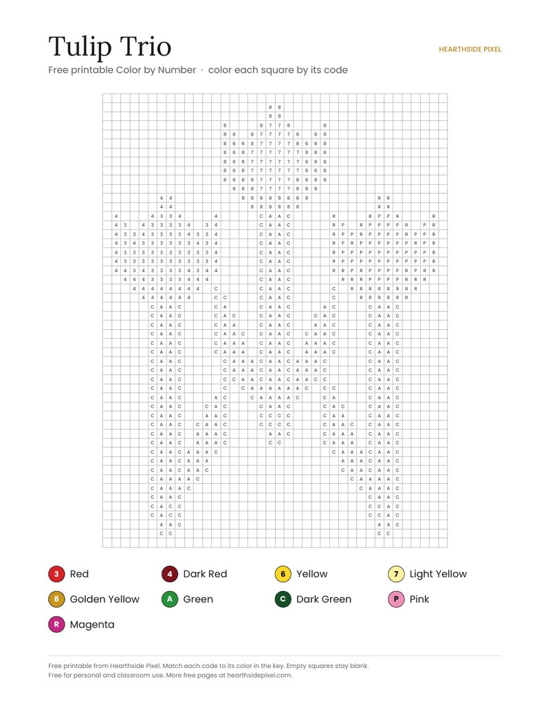 Tulip Trio color by number printable page with numbered grid and color key