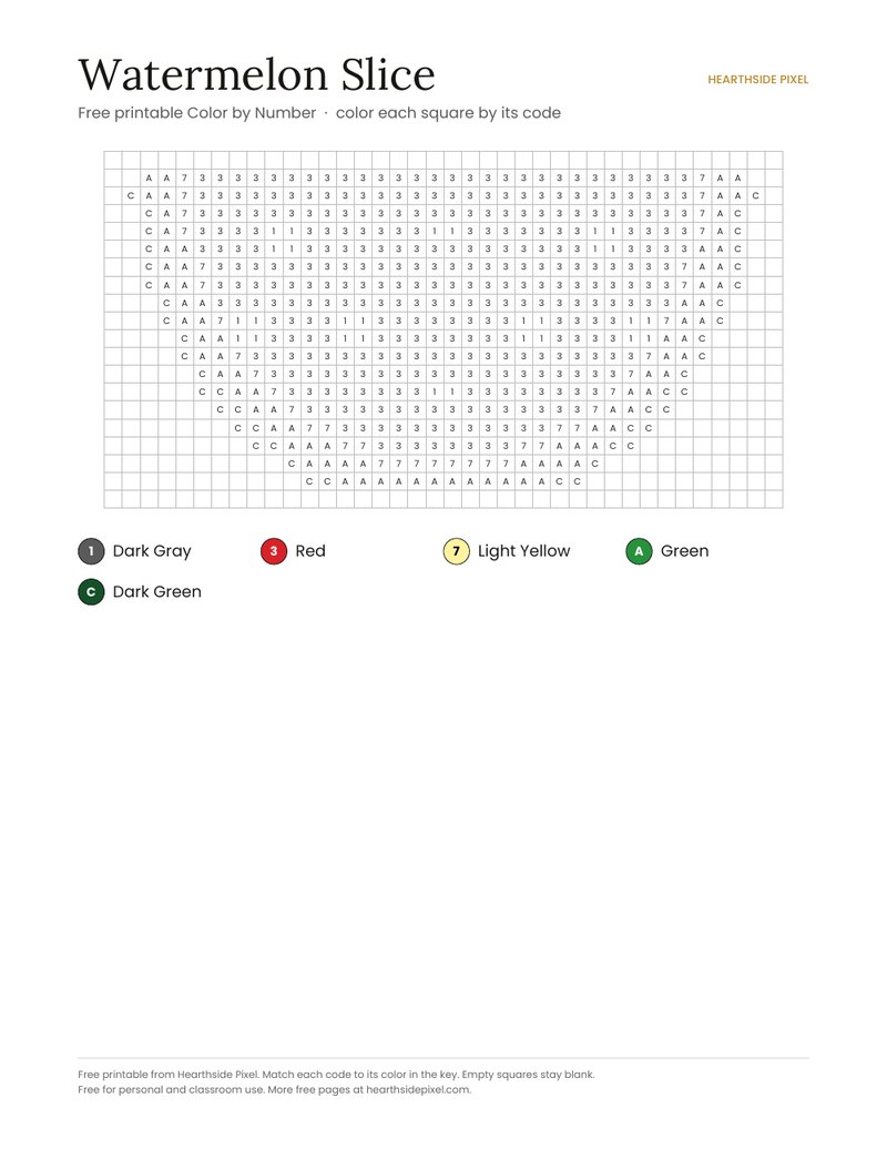 Watermelon Slice color by number printable page with numbered grid and color key