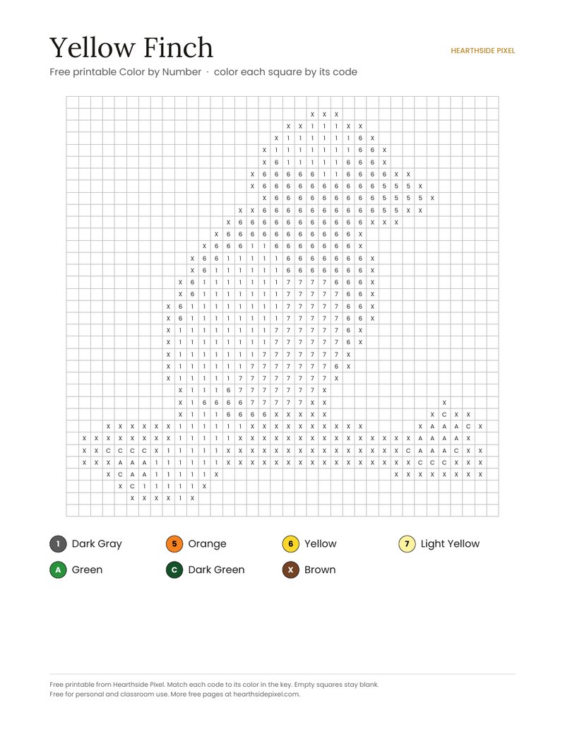 Yellow Finch color by number printable page with numbered grid and color key